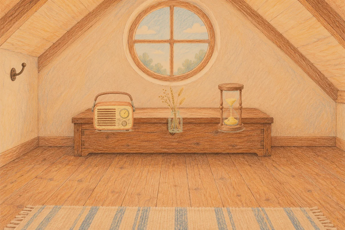 강동 여성전용 추천 마사지 안내 그림, 저녁의 다락방 나무 궤짝 위에 놓인 작은 라디오, 마른 풀을 꽂은 항아리, 모래시계