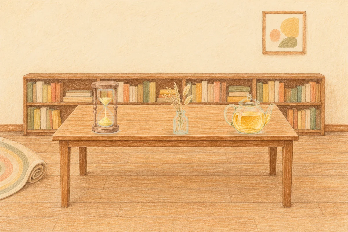 구로 여성전용 아로마테라피 안내 그림, 낮의 서재 긴 책상 위에 놓인 모래시계, 마른 풀을 꽂은 항아리, 유리 티포트