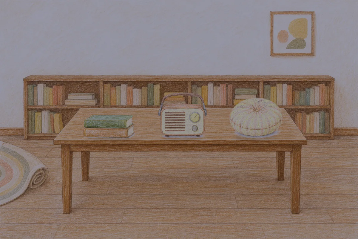 구로 여성전용 스웨디시 후기 안내 그림, 밤의 서재 긴 책상 위에 놓인 책 두 권, 작은 라디오, 둥근 쿠션