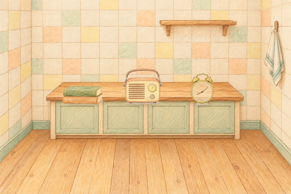 구로 여성전용 아로마 마사지 후기 안내 그림, 낮의 부엌 나무 조리대 위에 놓인 책 두 권, 작은 라디오, 둥근 알람시계