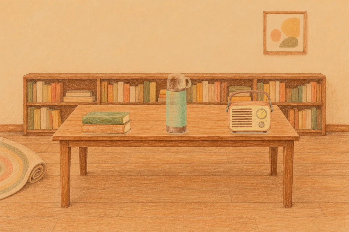 구로 여성전용 스웨디시 추천 안내 그림, 저녁의 서재 긴 책상 위에 놓인 책 두 권, 보온병, 작은 라디오