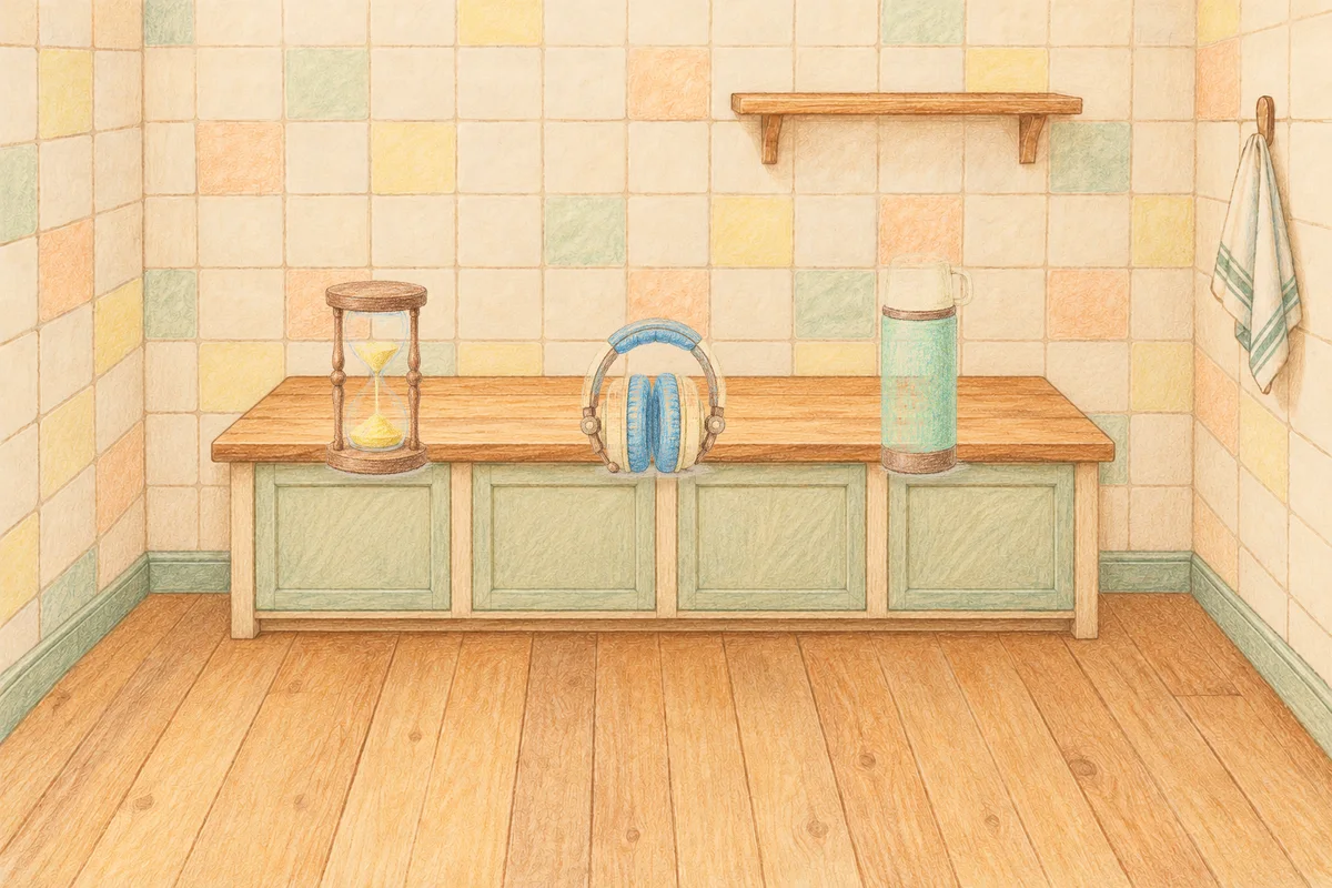 구로 여성전용 경락 마사지 안내 그림, 낮의 부엌 나무 조리대 위에 놓인 모래시계, 헤드폰, 보온병