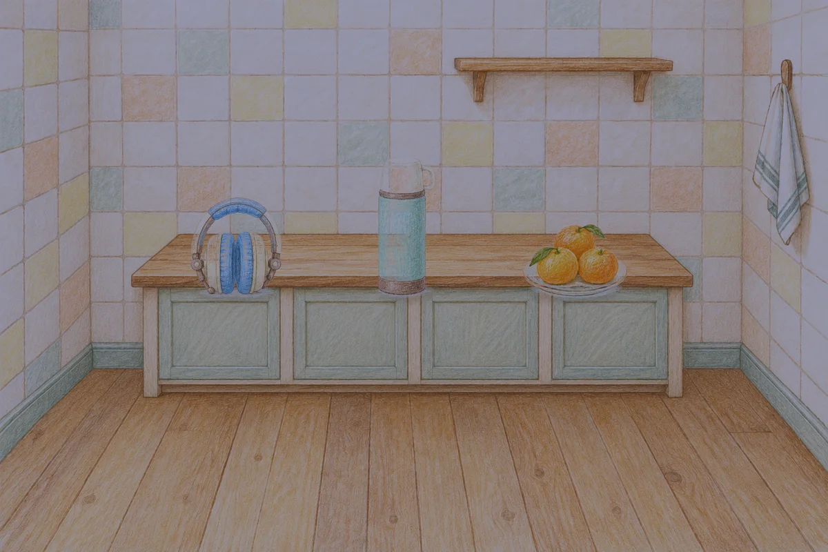 구로 여성전용 경락 케어 안내 그림, 밤의 부엌 나무 조리대 위에 놓인 헤드폰, 보온병, 귤이 담긴 접시