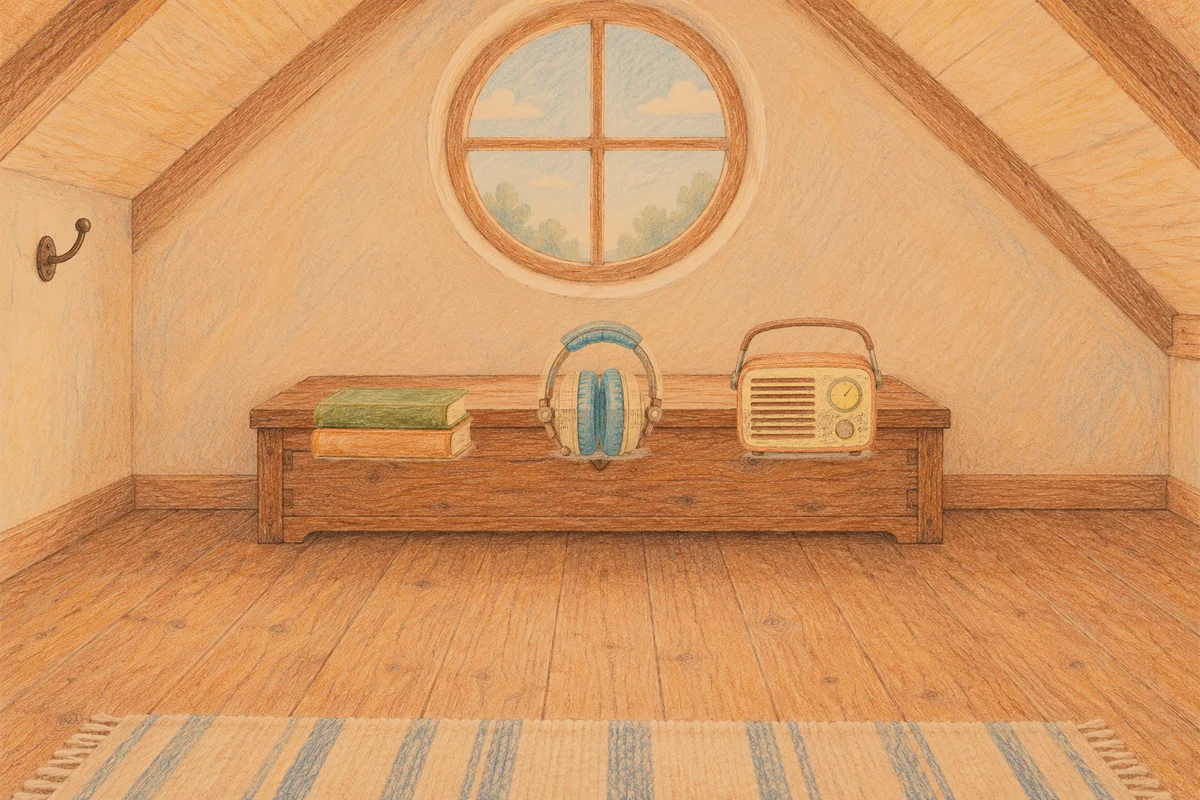 구로 여성전용 바디 경락 안내 그림, 저녁의 다락방 나무 궤짝 위에 놓인 책 두 권, 헤드폰, 작은 라디오