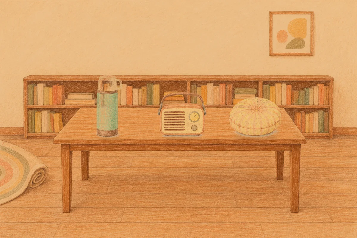 구로 여성전용 경락 가격 안내 그림, 저녁의 서재 긴 책상 위에 놓인 보온병, 작은 라디오, 둥근 쿠션