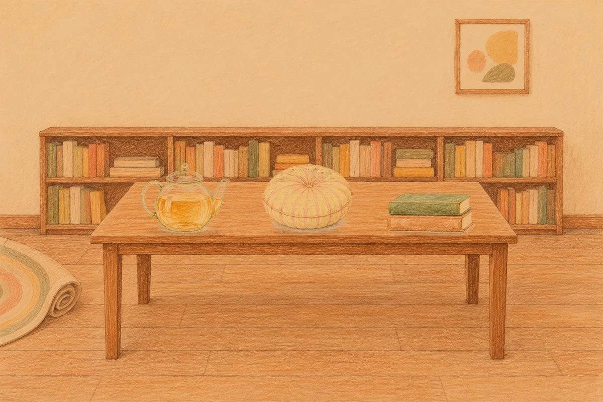 구로 여성전용 경락 추천 안내 그림, 저녁의 서재 긴 책상 위에 놓인 유리 티포트, 둥근 쿠션, 책 두 권