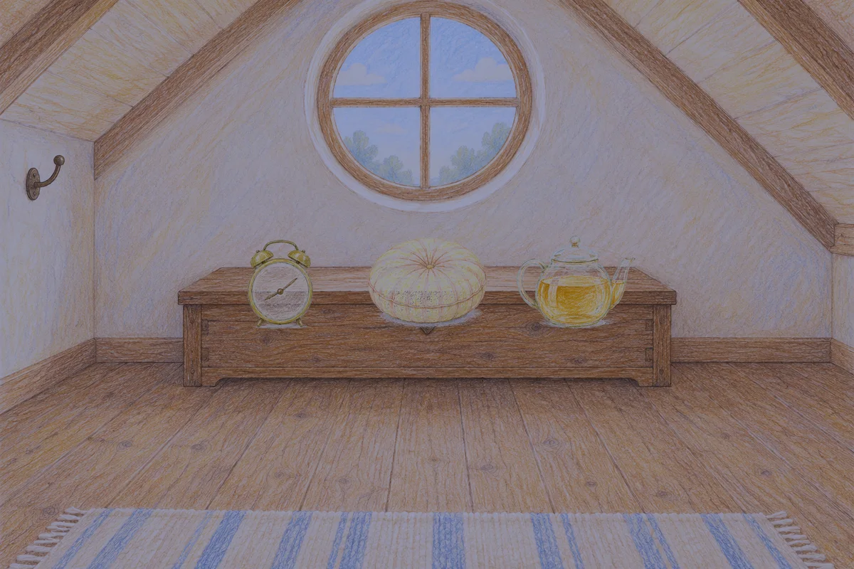 구로 여성전용 방문 마사지 안내 그림, 밤의 다락방 나무 궤짝 위에 놓인 둥근 알람시계, 둥근 쿠션, 유리 티포트