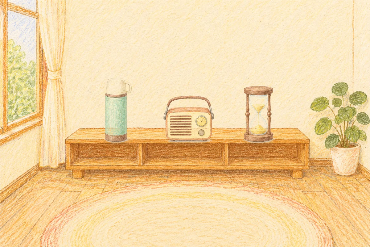 구로 여성전용 방문 홈케어 안내 그림, 낮의 창가 낮은 선반 위에 놓인 보온병, 작은 라디오, 모래시계