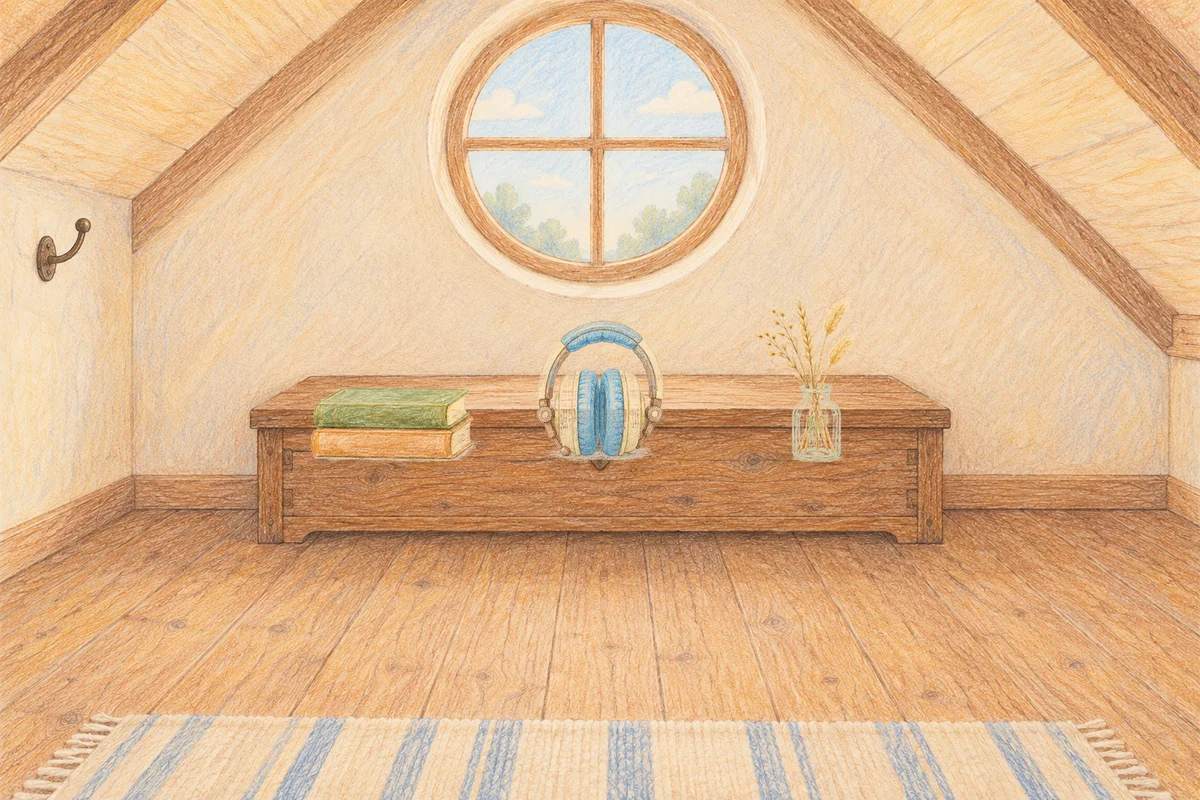 구로 여성전용 발관리 안내 그림, 낮의 다락방 나무 궤짝 위에 놓인 책 두 권, 헤드폰, 마른 풀을 꽂은 항아리