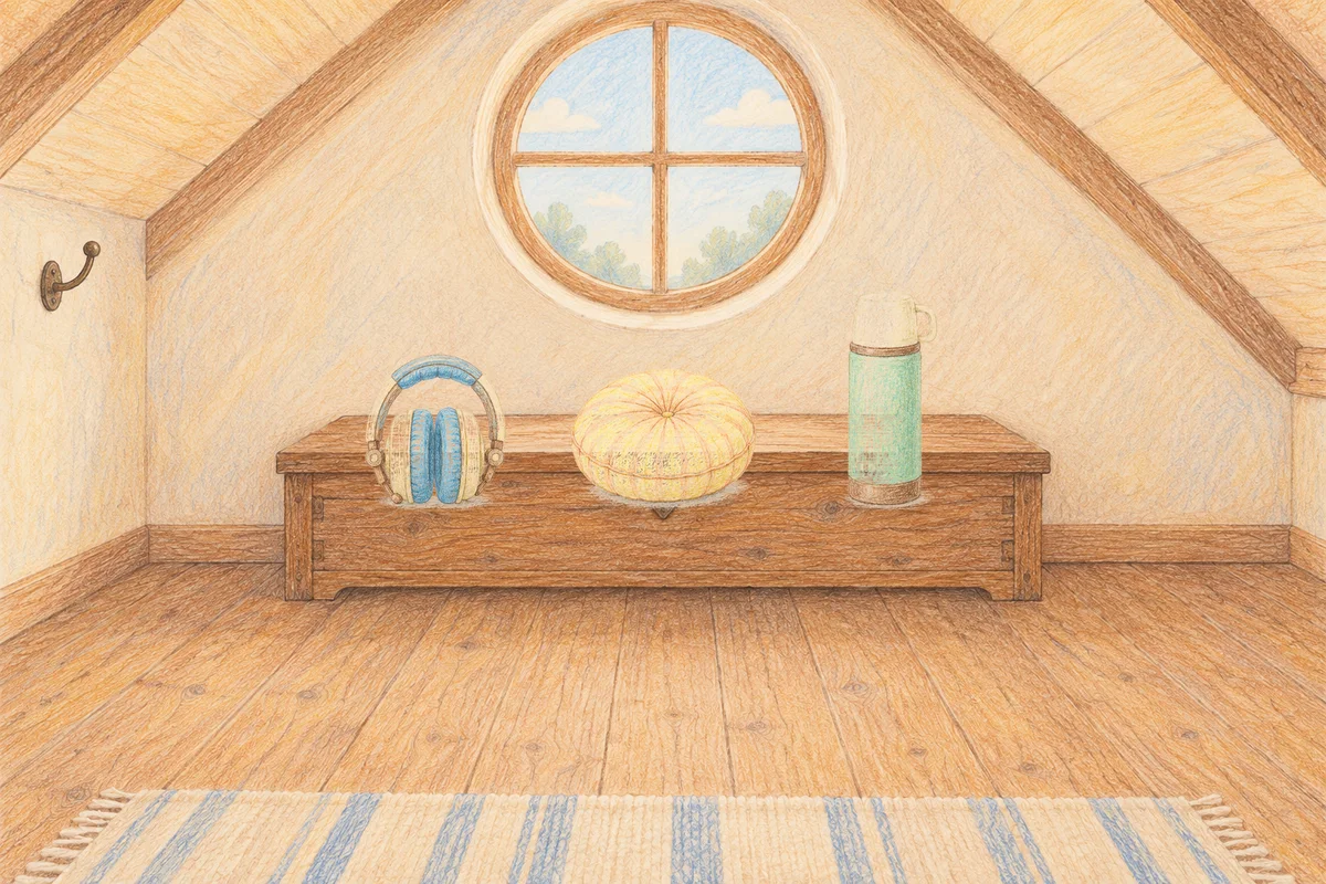 구로 여성전용 발마사지 안내 그림, 낮의 다락방 나무 궤짝 위에 놓인 헤드폰, 둥근 쿠션, 보온병
