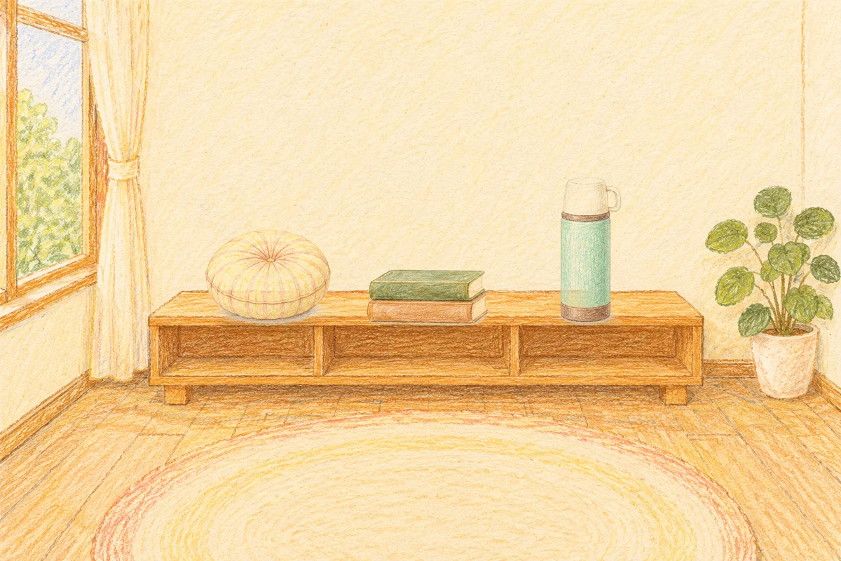 구로 여성전용 발 케어 안내 그림, 낮의 창가 낮은 선반 위에 놓인 둥근 쿠션, 책 두 권, 보온병