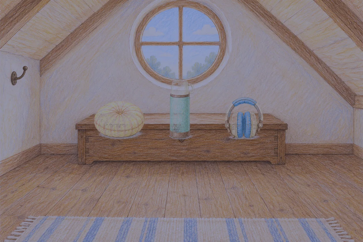 구로 여성전용 발관리 후기 안내 그림, 밤의 다락방 나무 궤짝 위에 놓인 둥근 쿠션, 보온병, 헤드폰