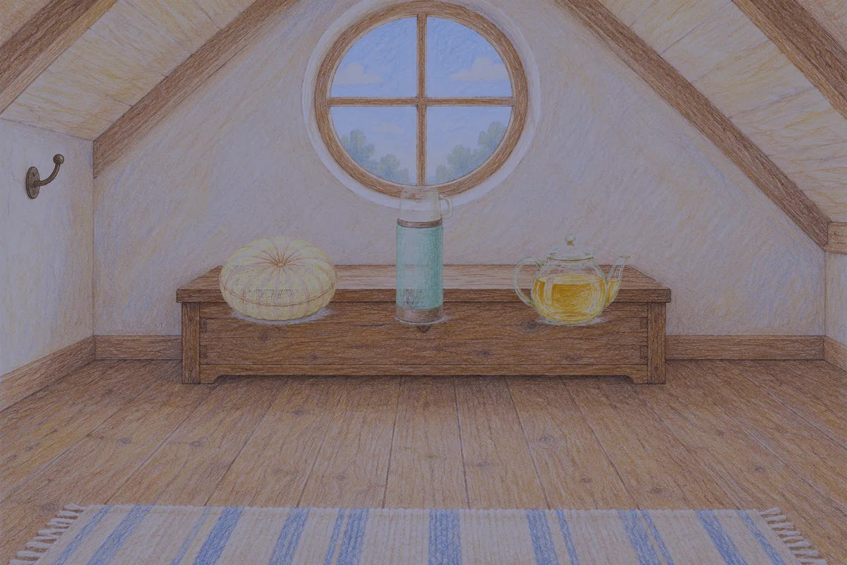구로 여성전용 부종 케어 안내 그림, 밤의 다락방 나무 궤짝 위에 놓인 둥근 쿠션, 보온병, 유리 티포트