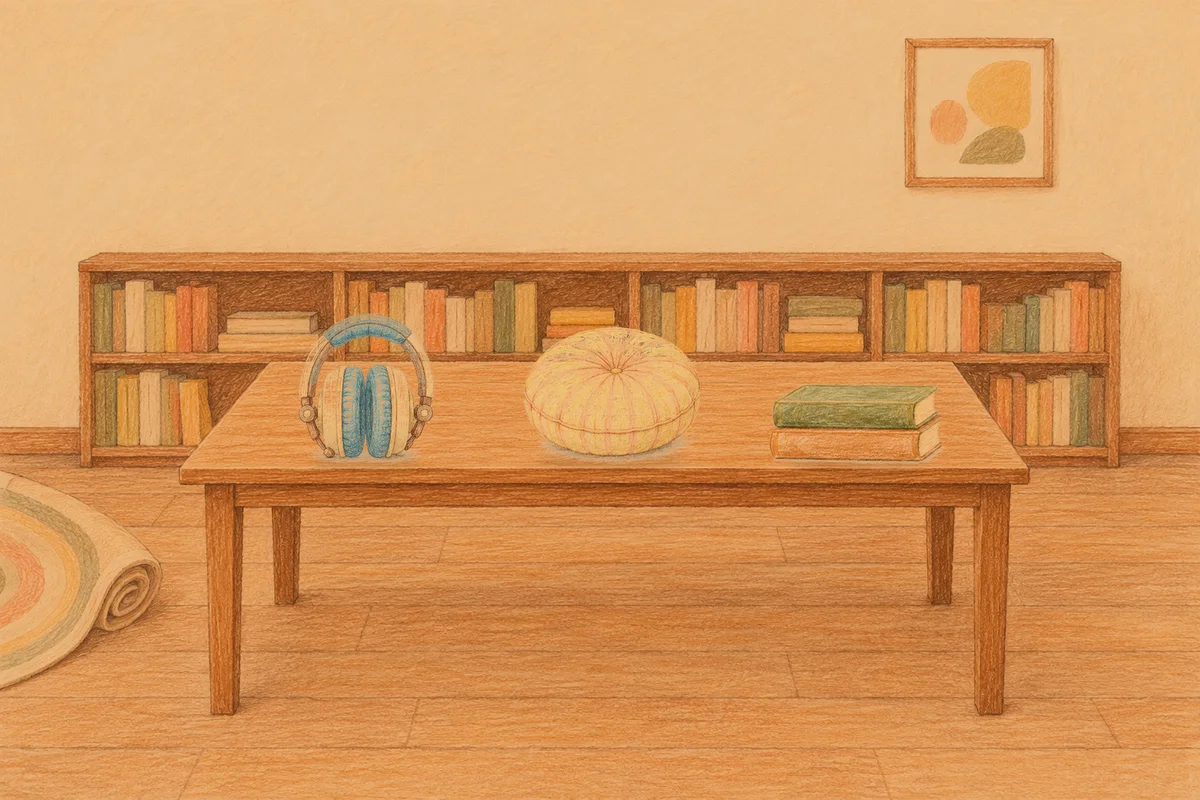 구로 여성전용 셀룰라이트 관리 안내 그림, 저녁의 서재 긴 책상 위에 놓인 헤드폰, 둥근 쿠션, 책 두 권