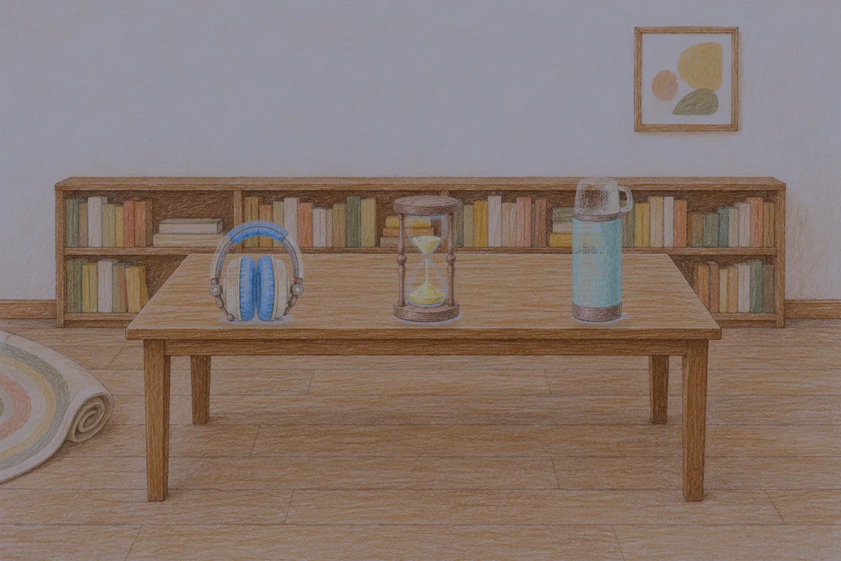 구로 여성전용 바디 케어 안내 그림, 밤의 서재 긴 책상 위에 놓인 헤드폰, 모래시계, 보온병