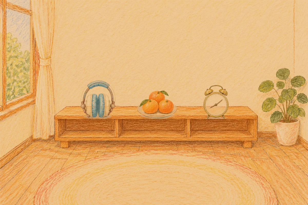 구로 여성전용 디톡스 마사지 안내 그림, 저녁의 창가 낮은 선반 위에 놓인 헤드폰, 귤이 담긴 접시, 둥근 알람시계