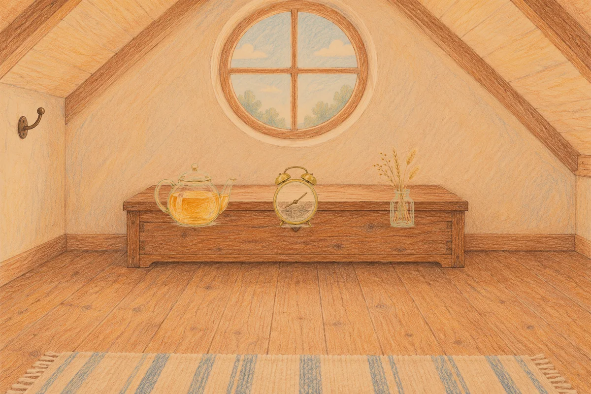 구로 여성전용 복부 마사지 안내 그림, 저녁의 다락방 나무 궤짝 위에 놓인 유리 티포트, 둥근 알람시계, 마른 풀을 꽂은 항아리