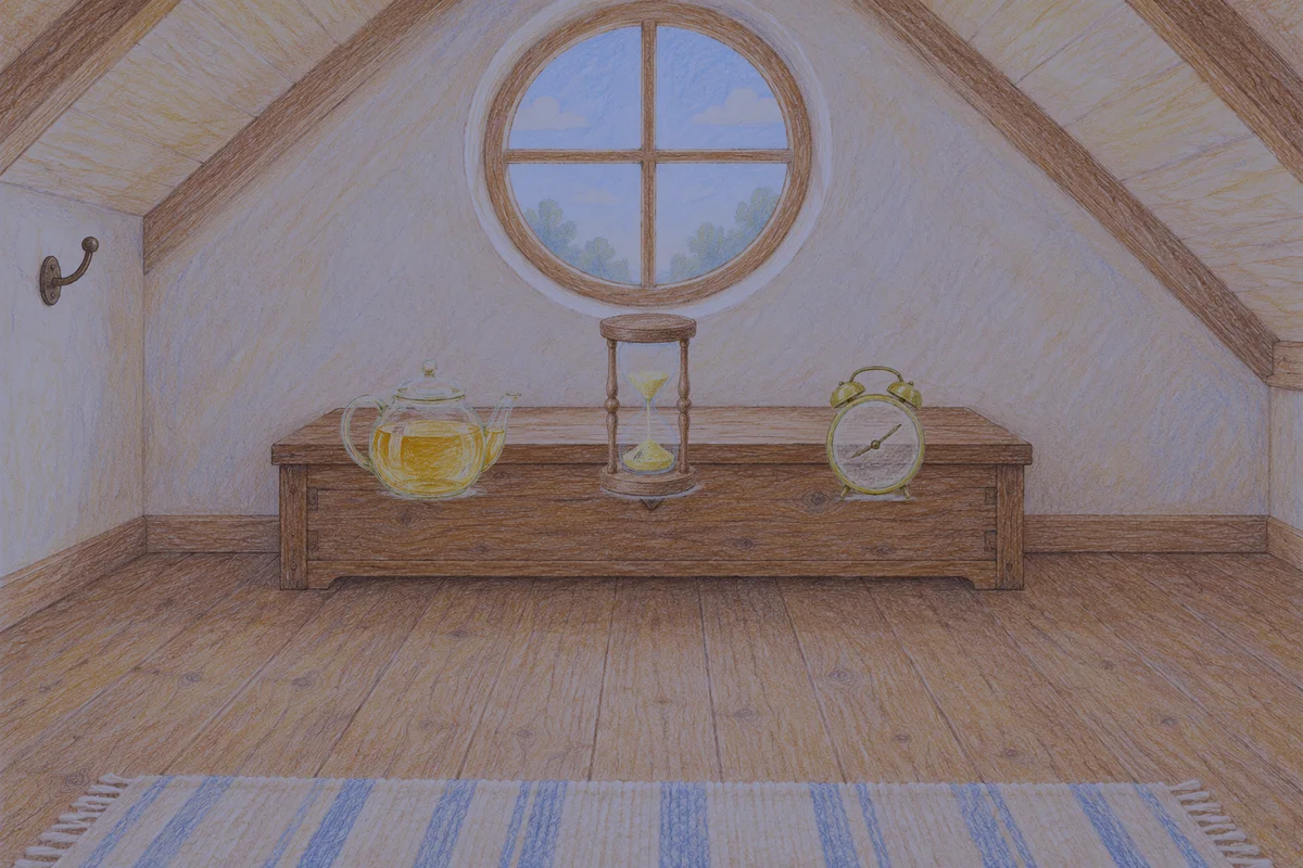 구로 여성전용 종아리 케어 안내 그림, 밤의 다락방 나무 궤짝 위에 놓인 유리 티포트, 모래시계, 둥근 알람시계