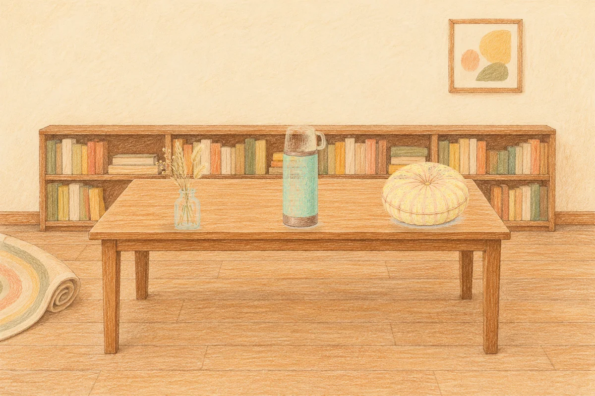 구로 여성전용 등 마사지 안내 그림, 낮의 서재 긴 책상 위에 놓인 마른 풀을 꽂은 항아리, 보온병, 둥근 쿠션
