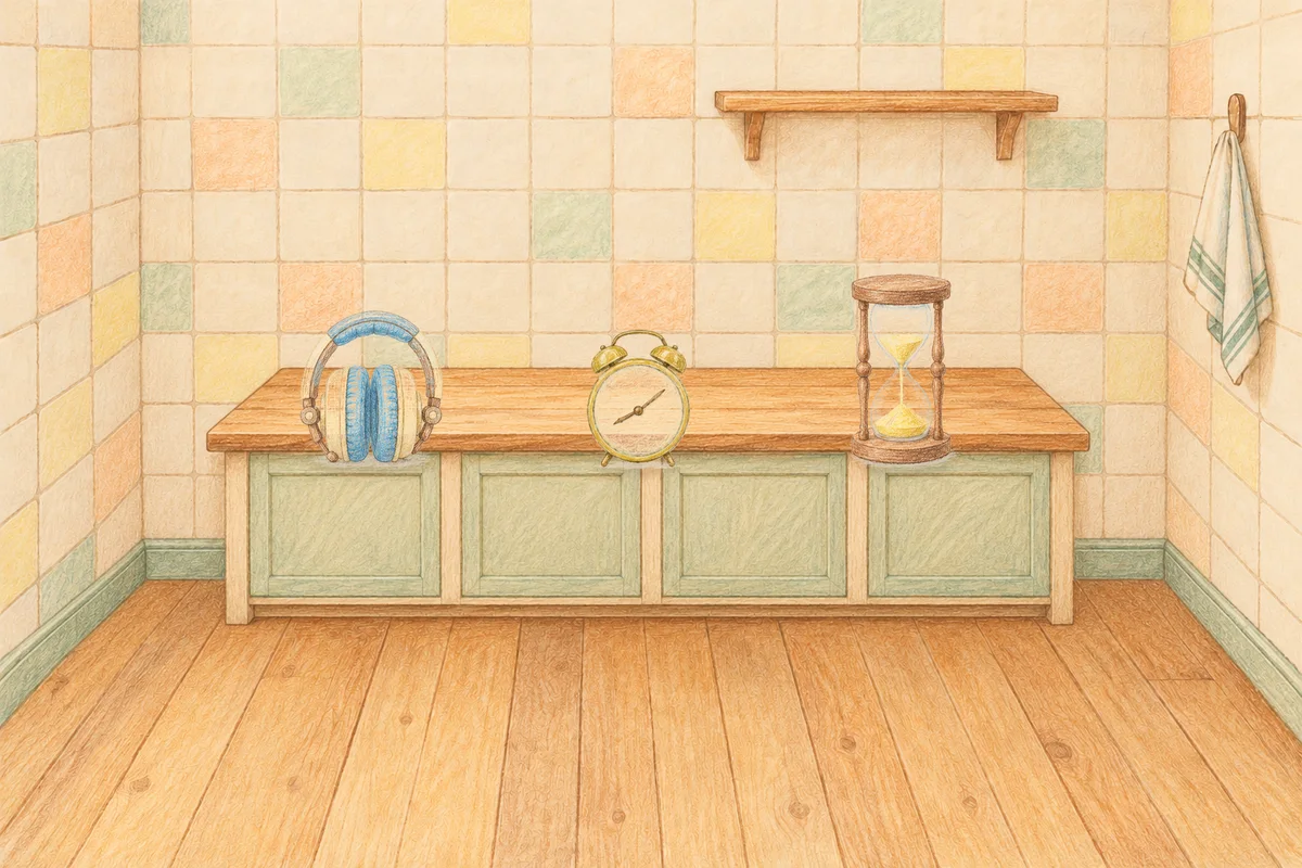 구로 여성전용 두피 케어 안내 그림, 낮의 부엌 나무 조리대 위에 놓인 헤드폰, 둥근 알람시계, 모래시계