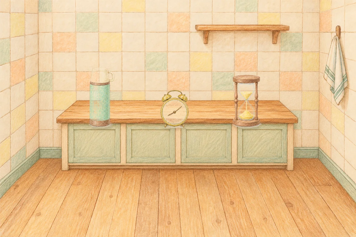 구로 여성전용 피로 회복 마사지 안내 그림, 낮의 부엌 나무 조리대 위에 놓인 보온병, 둥근 알람시계, 모래시계