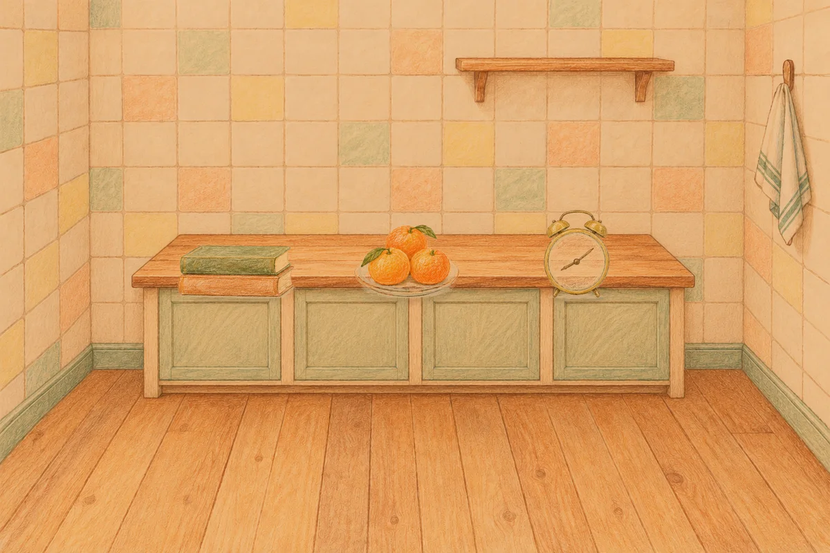 구로 여성전용 피부 관리 안내 그림, 저녁의 부엌 나무 조리대 위에 놓인 책 두 권, 귤이 담긴 접시, 둥근 알람시계