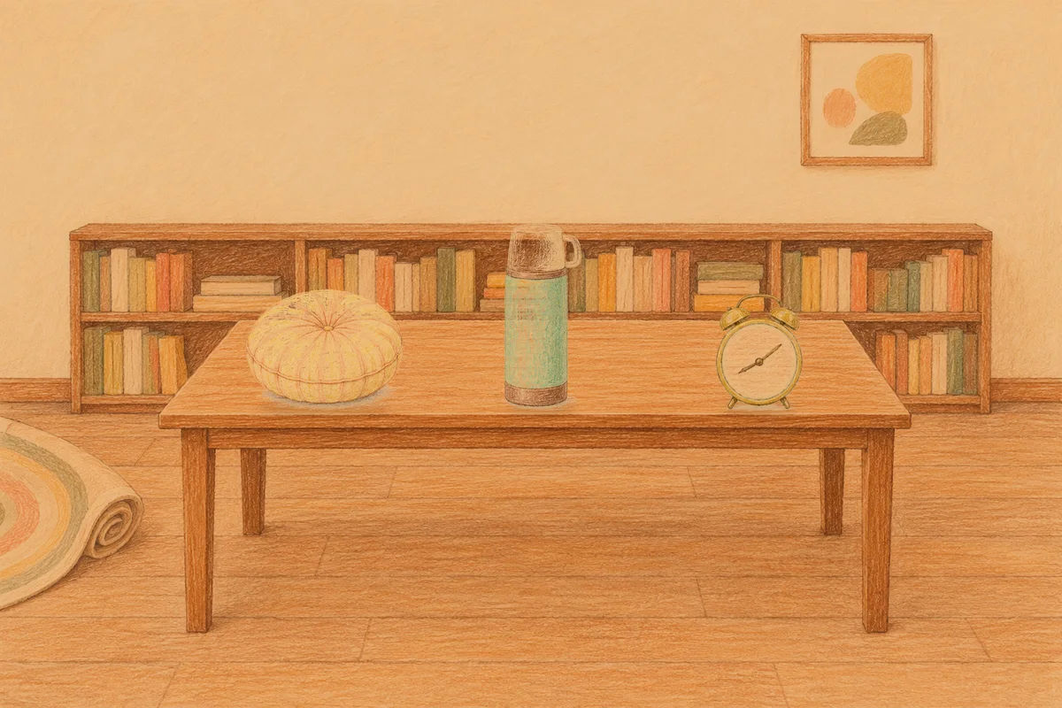 구로 여성전용 예약 마사지 안내 그림, 저녁의 서재 긴 책상 위에 놓인 둥근 쿠션, 보온병, 둥근 알람시계