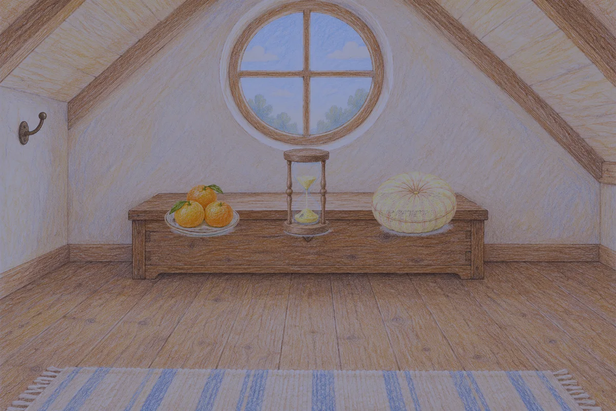 구로 여성전용 가격 마사지 안내 그림, 밤의 다락방 나무 궤짝 위에 놓인 귤이 담긴 접시, 모래시계, 둥근 쿠션