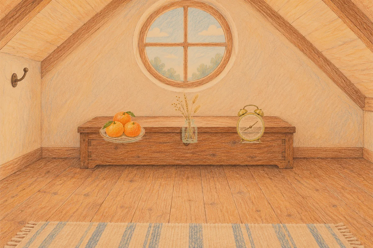 노원 여성전용 스웨디시 마사지 안내 그림, 저녁의 다락방 나무 궤짝 위에 놓인 귤이 담긴 접시, 마른 풀을 꽂은 항아리, 둥근 알람시계