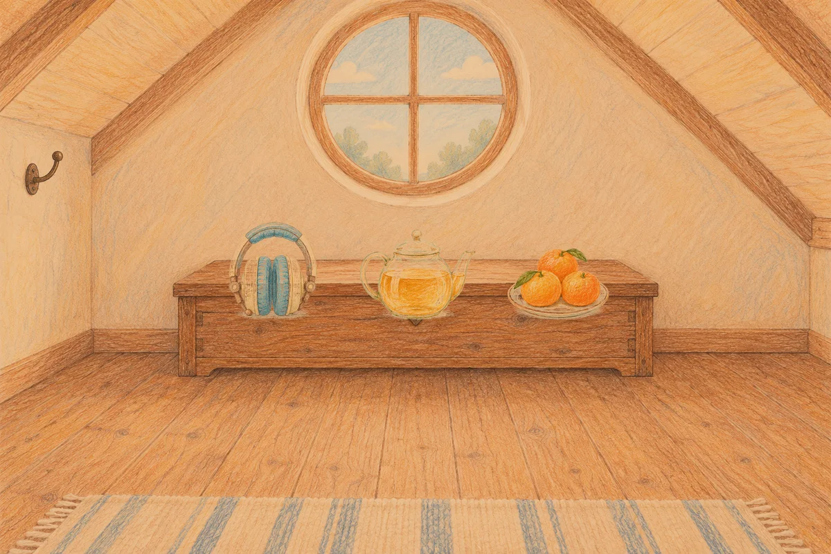 노원 여성전용 프리미엄 스웨디시 안내 그림, 저녁의 다락방 나무 궤짝 위에 놓인 헤드폰, 유리 티포트, 귤이 담긴 접시