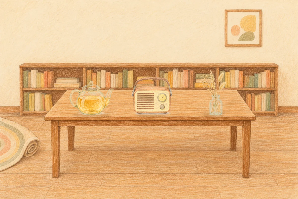 노원 여성전용 스웨디시 가격 안내 그림, 낮의 서재 긴 책상 위에 놓인 유리 티포트, 작은 라디오, 마른 풀을 꽂은 항아리