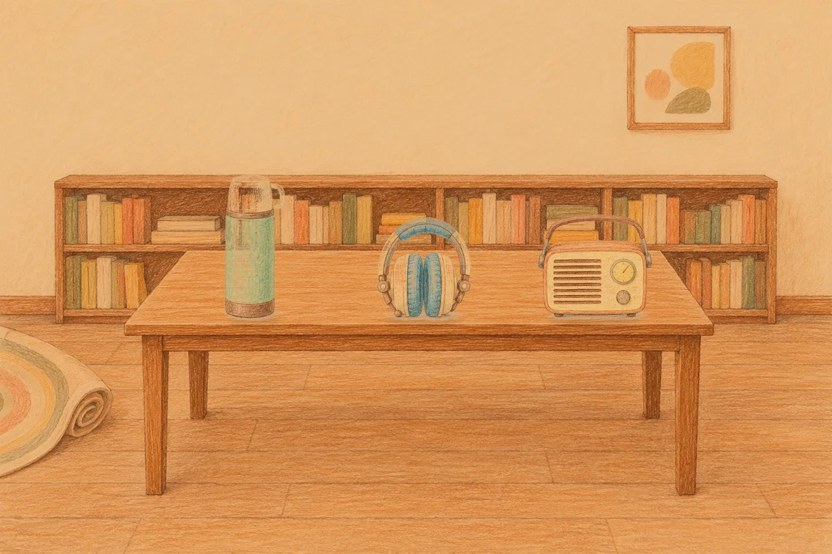 노원 여성전용 얼굴 경락 안내 그림, 저녁의 서재 긴 책상 위에 놓인 보온병, 헤드폰, 작은 라디오