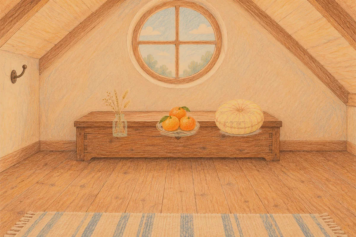 노원 여성전용 바디 경락 안내 그림, 저녁의 다락방 나무 궤짝 위에 놓인 마른 풀을 꽂은 항아리, 귤이 담긴 접시, 둥근 쿠션