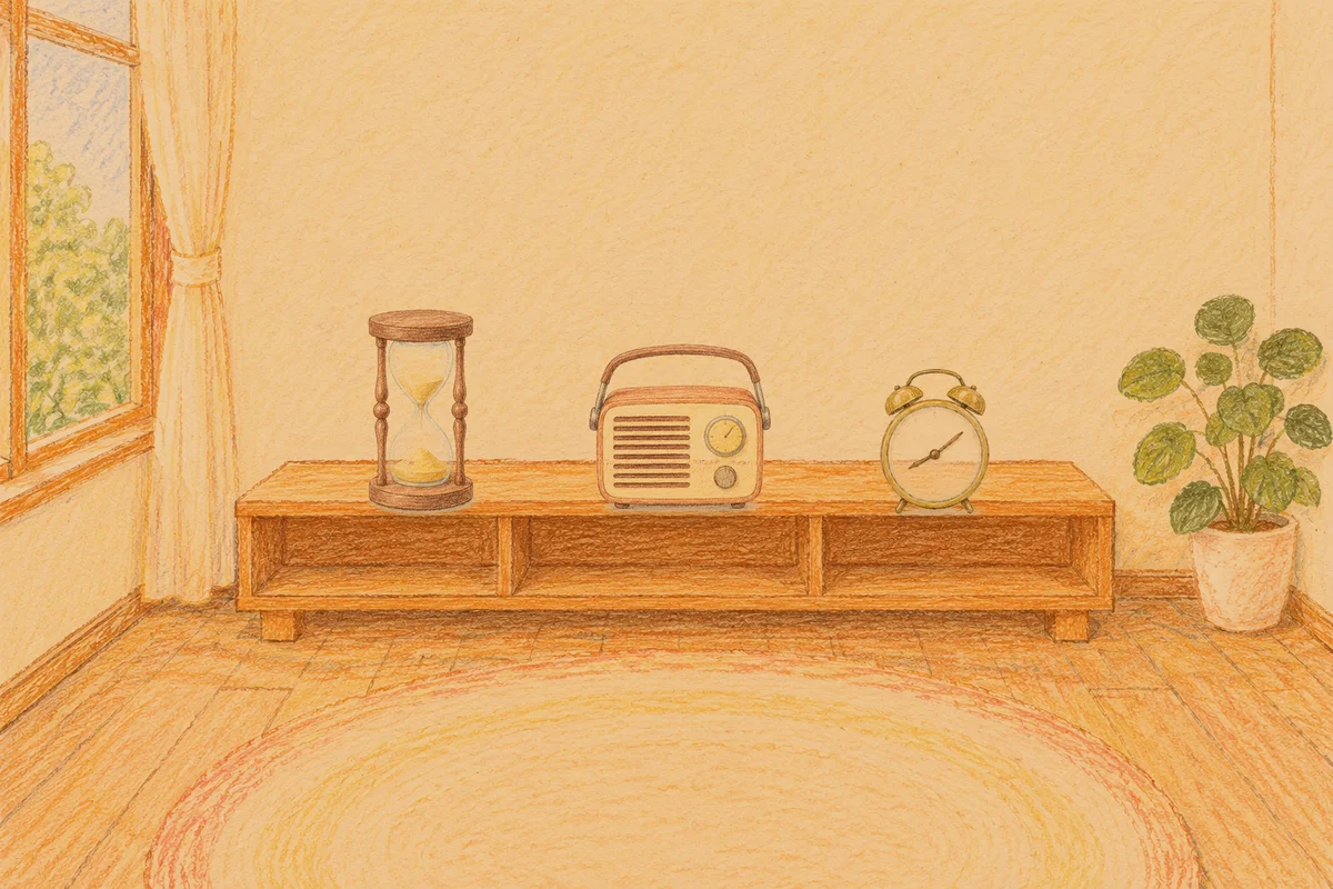 노원 여성전용 경락 추천 안내 그림, 저녁의 창가 낮은 선반 위에 놓인 모래시계, 작은 라디오, 둥근 알람시계