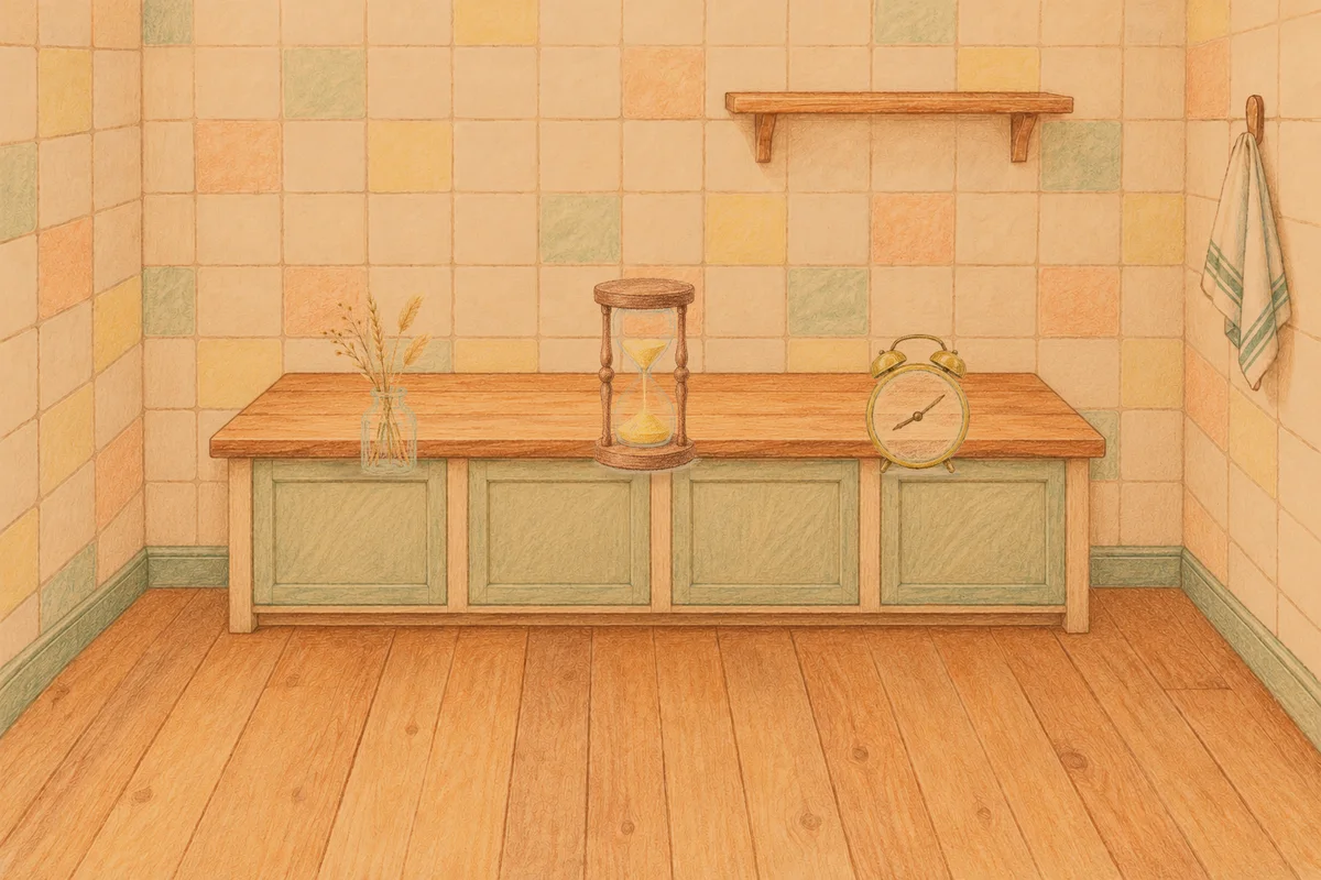 노원 여성전용 방문 마사지 안내 그림, 저녁의 부엌 나무 조리대 위에 놓인 마른 풀을 꽂은 항아리, 모래시계, 둥근 알람시계