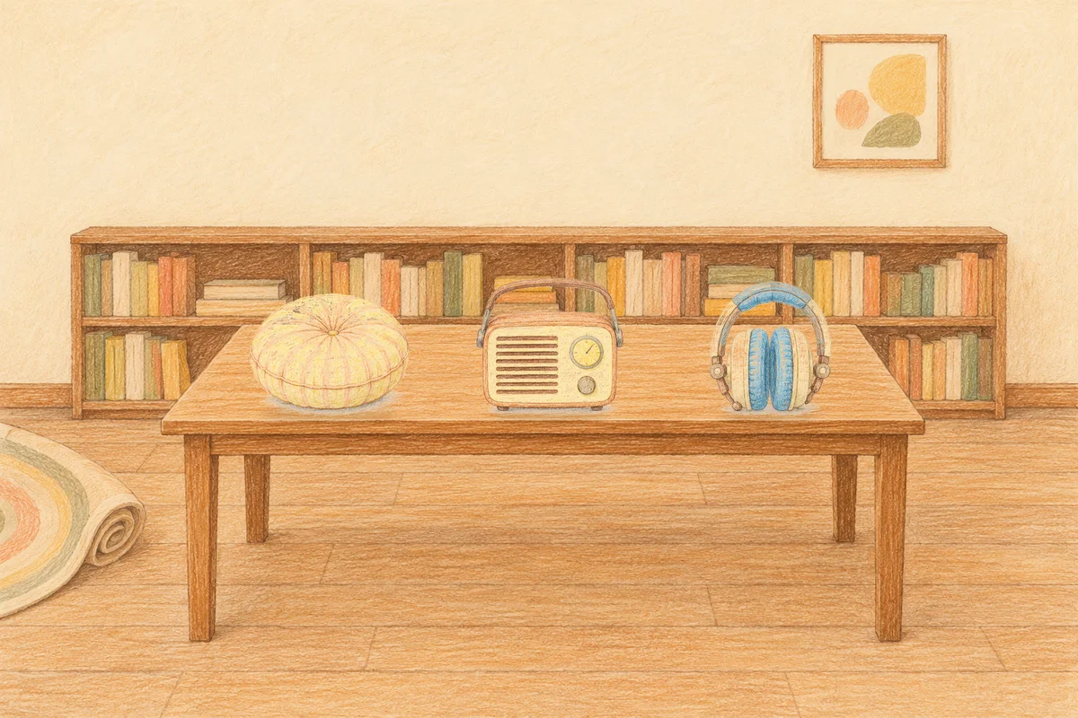 노원 여성전용 홈케어 서비스 안내 그림, 낮의 서재 긴 책상 위에 놓인 둥근 쿠션, 작은 라디오, 헤드폰