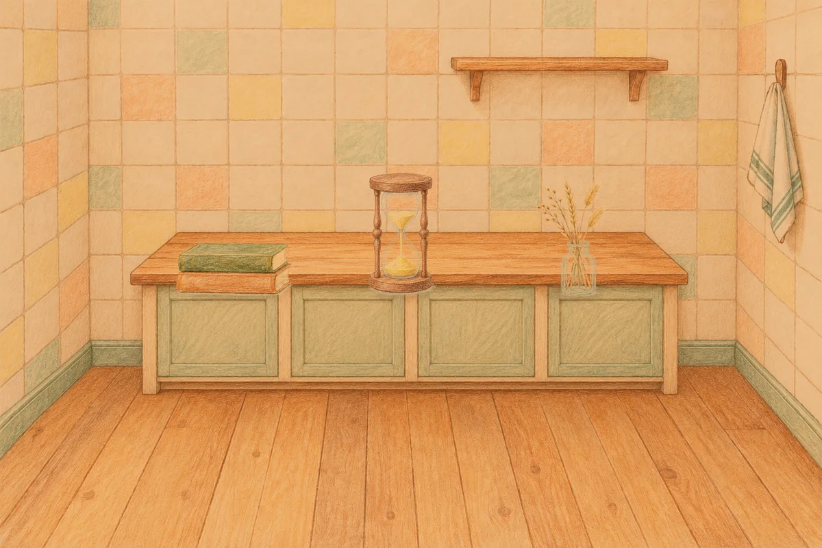 노원 여성전용 방문 홈케어 안내 그림, 저녁의 부엌 나무 조리대 위에 놓인 책 두 권, 모래시계, 마른 풀을 꽂은 항아리