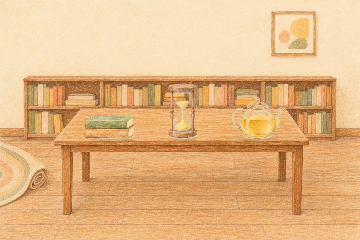 노원 여성전용 프라이빗 케어 안내 그림, 낮의 서재 긴 책상 위에 놓인 책 두 권, 모래시계, 유리 티포트