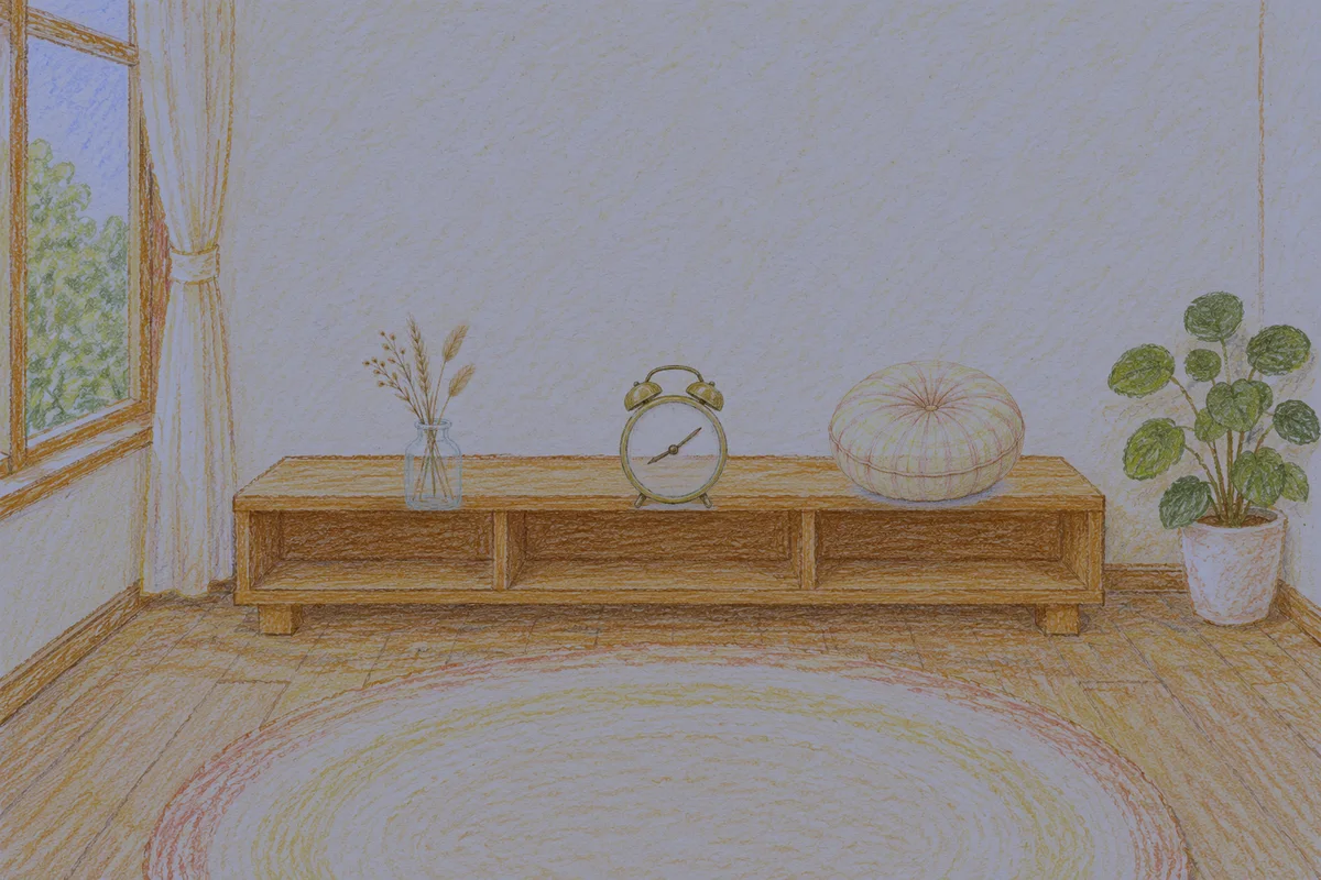 노원 여성전용 발 케어 안내 그림, 밤의 창가 낮은 선반 위에 놓인 마른 풀을 꽂은 항아리, 둥근 알람시계, 둥근 쿠션