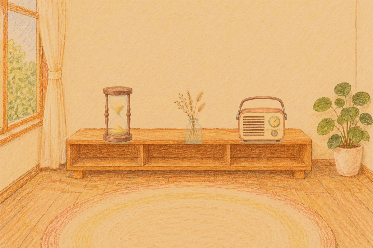 노원 여성전용 발관리 후기 안내 그림, 저녁의 창가 낮은 선반 위에 놓인 모래시계, 마른 풀을 꽂은 항아리, 작은 라디오