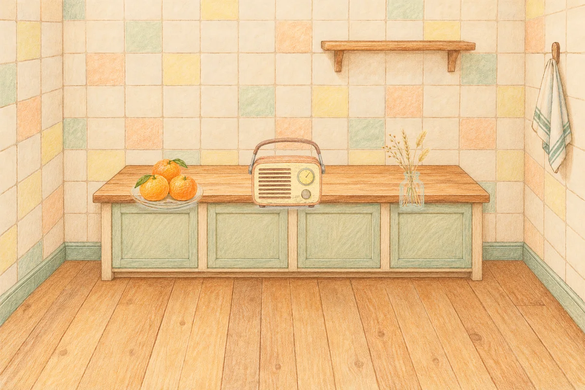 노원 여성전용 발관리 추천 안내 그림, 낮의 부엌 나무 조리대 위에 놓인 귤이 담긴 접시, 작은 라디오, 마른 풀을 꽂은 항아리