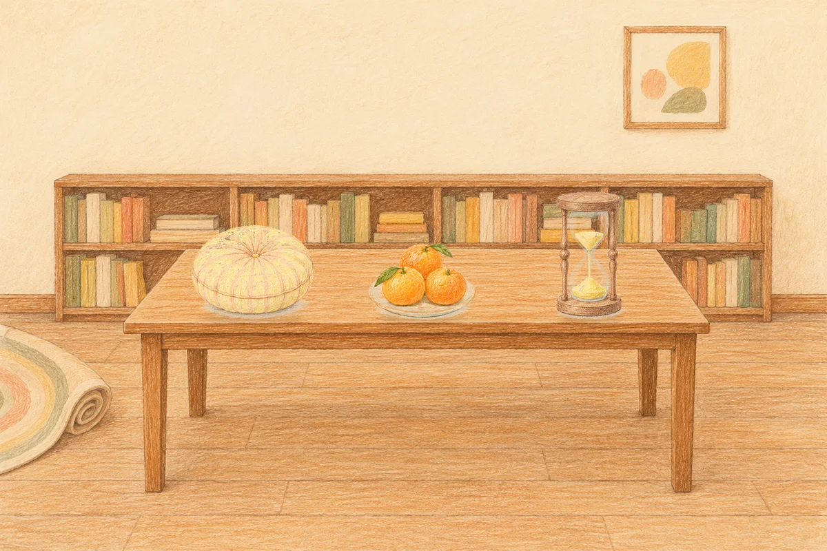 노원 여성전용 셀룰라이트 관리 안내 그림, 낮의 서재 긴 책상 위에 놓인 둥근 쿠션, 귤이 담긴 접시, 모래시계
