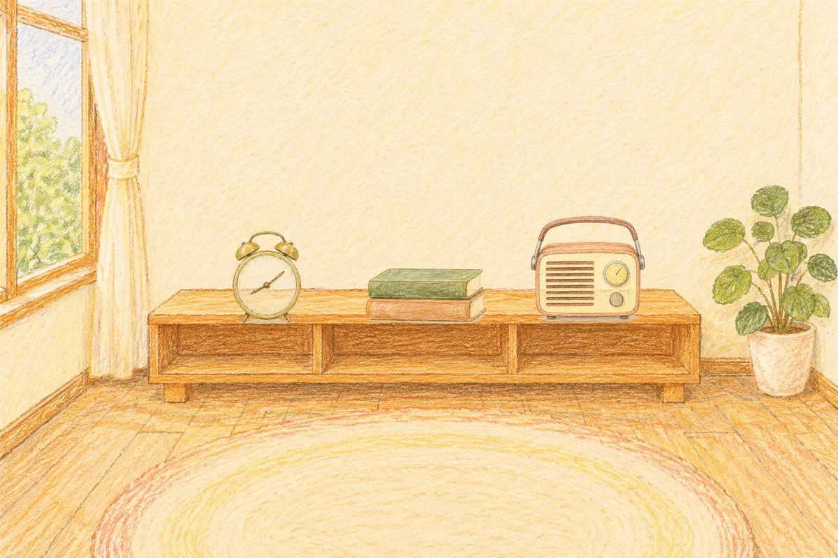 노원 여성전용 바디 케어 안내 그림, 낮의 창가 낮은 선반 위에 놓인 둥근 알람시계, 책 두 권, 작은 라디오