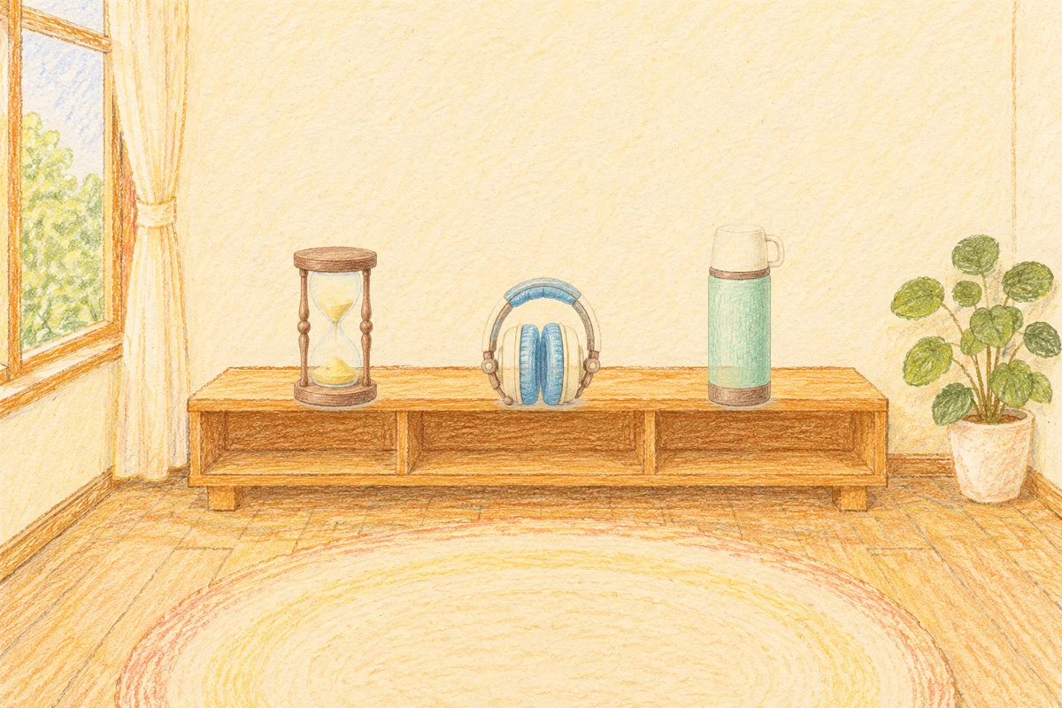 노원 여성전용 디톡스 마사지 안내 그림, 낮의 창가 낮은 선반 위에 놓인 모래시계, 헤드폰, 보온병