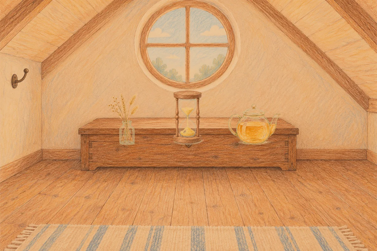 노원 여성전용 다이어트 마사지 안내 그림, 저녁의 다락방 나무 궤짝 위에 놓인 마른 풀을 꽂은 항아리, 모래시계, 유리 티포트