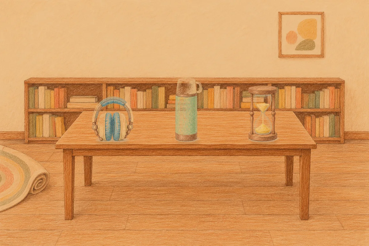 노원 여성전용 복부 마사지 안내 그림, 저녁의 서재 긴 책상 위에 놓인 헤드폰, 보온병, 모래시계