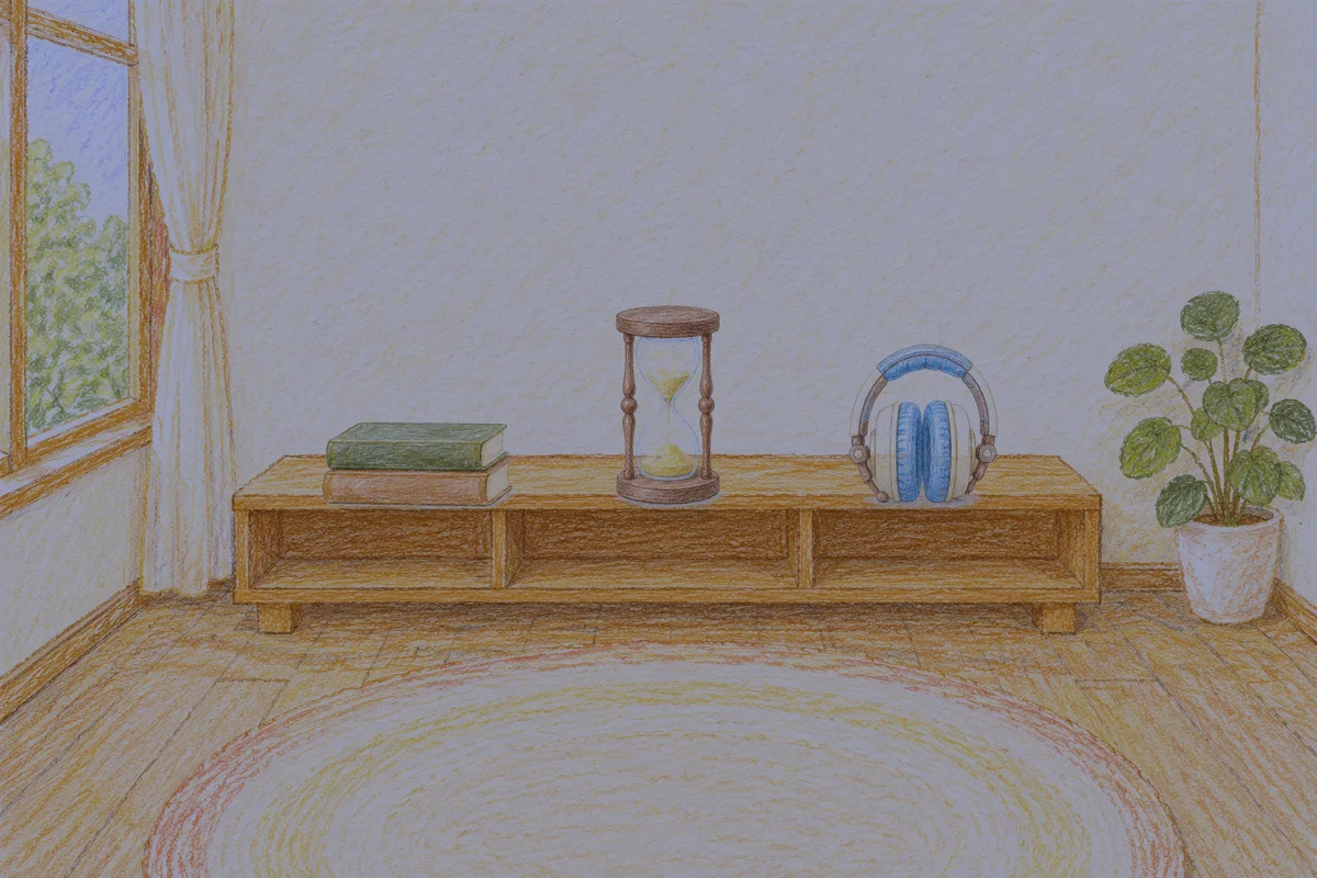 노원 여성전용 종아리 케어 안내 그림, 밤의 창가 낮은 선반 위에 놓인 책 두 권, 모래시계, 헤드폰