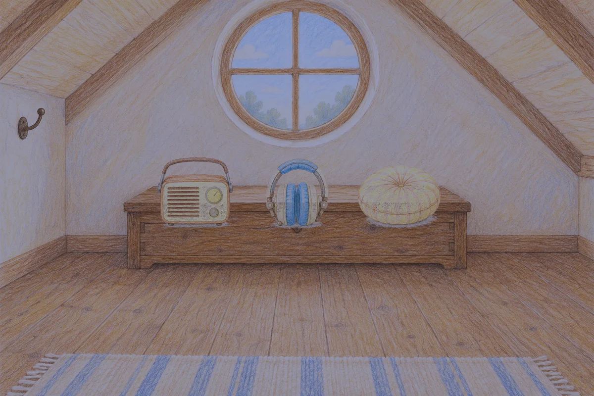 노원 여성전용 등 마사지 안내 그림, 밤의 다락방 나무 궤짝 위에 놓인 작은 라디오, 헤드폰, 둥근 쿠션