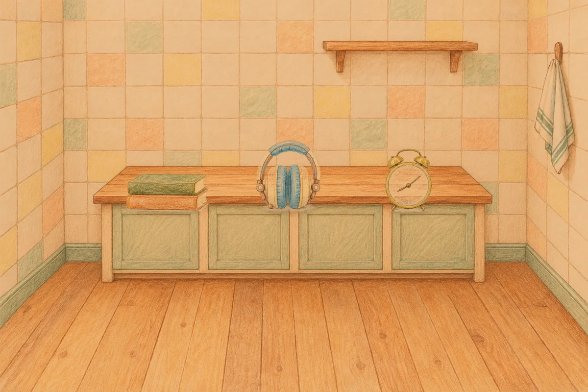 노원 여성전용 어깨 마사지 안내 그림, 저녁의 부엌 나무 조리대 위에 놓인 책 두 권, 헤드폰, 둥근 알람시계