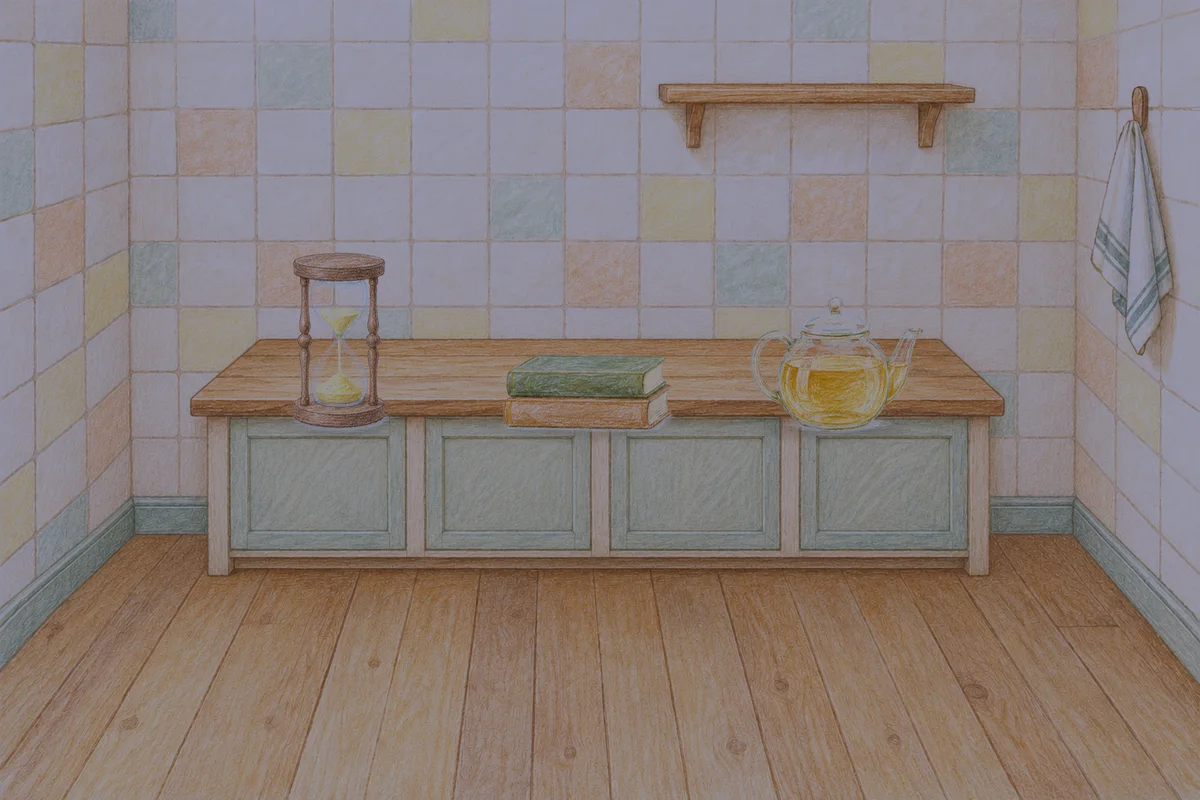 노원 여성전용 목 어깨 케어 안내 그림, 밤의 부엌 나무 조리대 위에 놓인 모래시계, 책 두 권, 유리 티포트